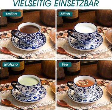 Набір кавових чашок Vancasso Selene, 6 шт., 360 мл, блакитно-білий вінтажний дизайн, для кави, молока, чаю та какао
