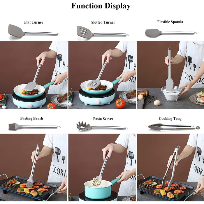 38-ти елементний набір кухонного посуду з силікону з підставкою для кухонних аксесуарів, силіконовими головками та нержавіючими ручками. Набір кухонних помічників (сріблястий)