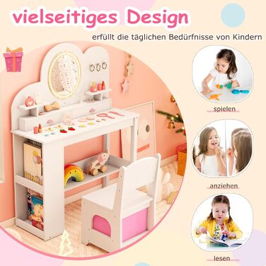 Дитячий туалетний столик COSTWAY у формі ведмедика з підсвіткою, дзеркалом, шафкою та 5 ящиками. Зроблений з дерева, ідеальний для дівчаток від 3 років. Косметичний столик-набір принцеси у формі хмари, білий колір.