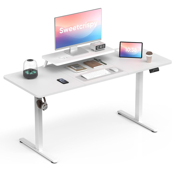 Регульований стіл Sweetcrispy з підставкою для монітора, електричний, ергономічний, стоячи/сидячи, комп'ютерний, vintage, білий, 160 x 60 см
