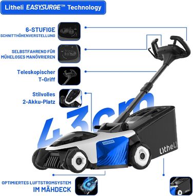 Акумуляторний акумуляторний газонокосарка Litheli Easysurge 43 см, 40V, самохідна, безщітковий двигун, до 500 м², 50 л, 25-75 мм, 2 x 4.0 Ah
