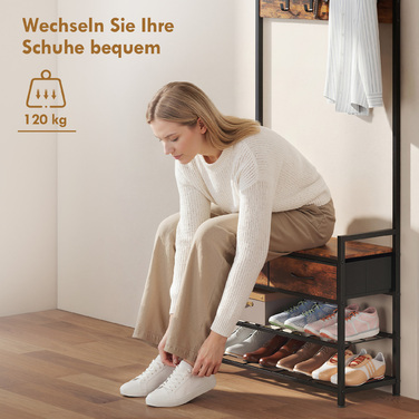 Вішалка для одягу з гачками, лавка для взуття, індустріальний органайзер для передпокою, сталевий каркас, рустикально-коричневий