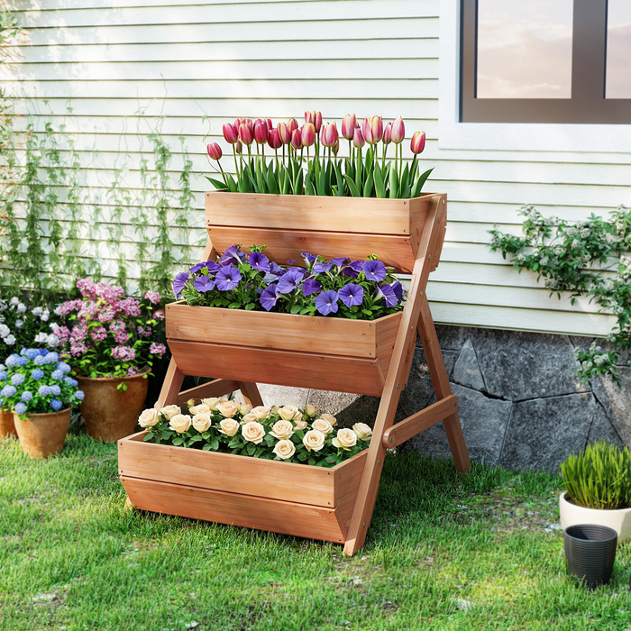 Вертикальне квіткове горщево з 3 ярусами, дерев'яний квітник з 3 посадковими касетами та дренажними отворами, коричневого кольору