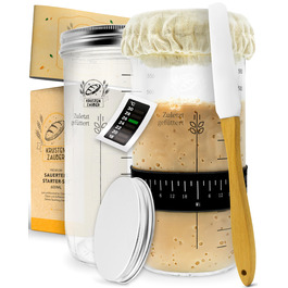 Набір для закваски Krustenzauber: 1000 мл скляний посуд для бродіння з лопаткою та термометром - аксесуари для випікання хліба, скляна тара для закваски, ферментація, набір для закваски Sourdough Starter Kit