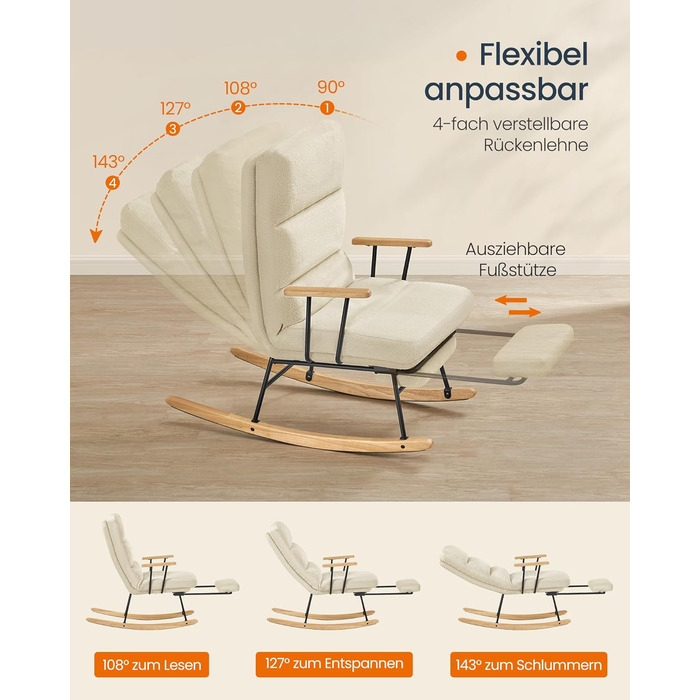 Крісло-гойдалка SONGMICS HOME з дерева каучука, флісова оббивка, регульована спинка, до 160 кг, для спальні/вітальні, камелеон-колір