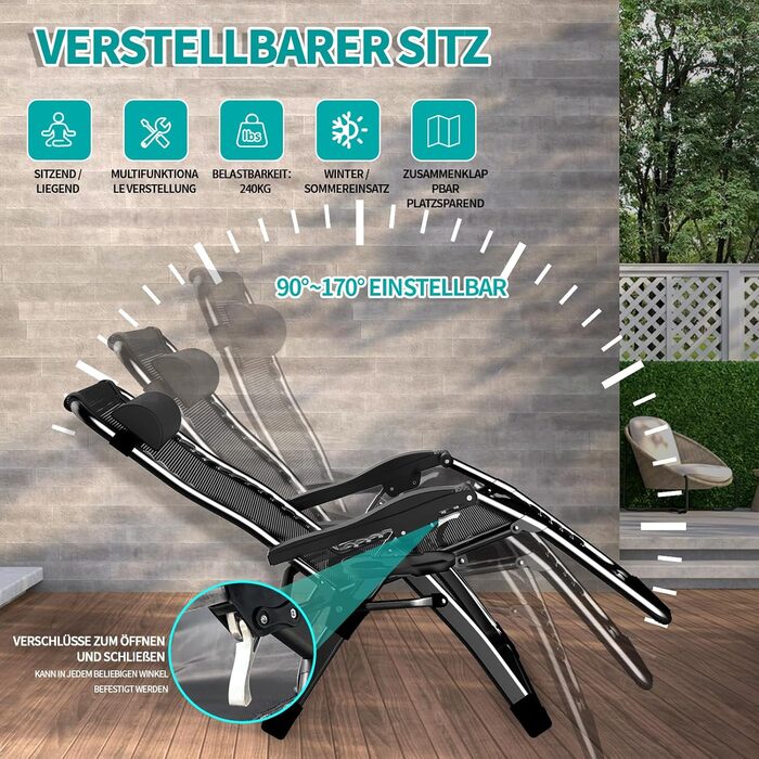 Розкладний шезлонг для відпочинку: зручний садовий стілець з регульованою спинкою, чорний (72 см)