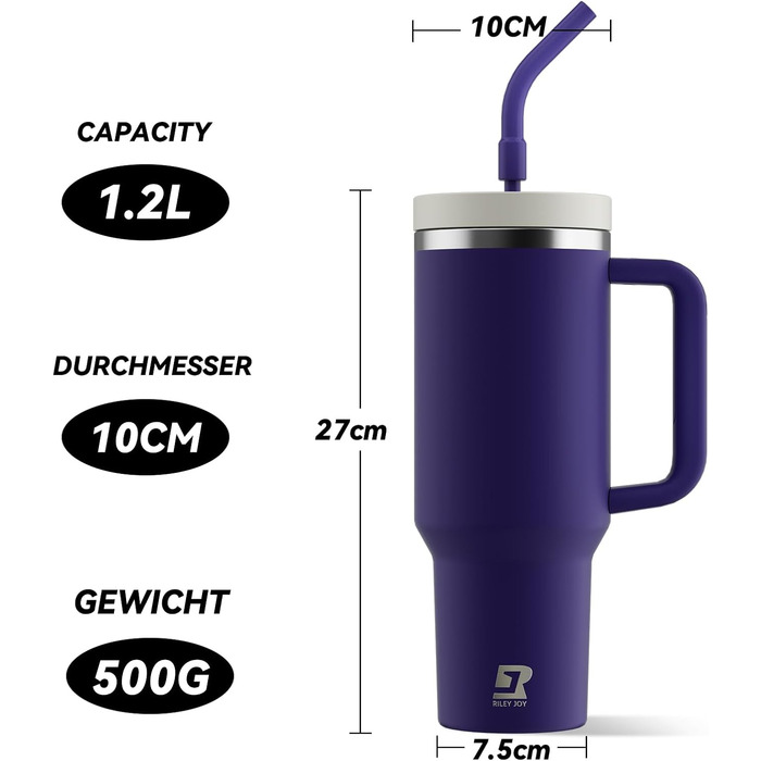 Термокружка-пляшка 1200 мл з трубочкою та антиковзним ручним захопленням, без BPA, з подвійними стінками для ізоляції, для автомобіля, офісу, відпочинку на природі (Пастельно-рожевий, Біло-рожевий, Глибокий фіолетовий)
