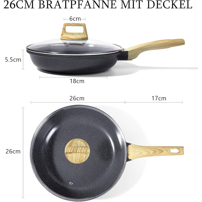 Пан з антипригарним покриттям GiPP Keramik 24 см - здоровий, без PFOA/PFAS, для індукційних плит, миється в посудомийній машині, з холодним ручками. (Білий, Чорний, 26 см + кришка)