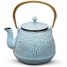 Чайник Toptier, чавунний чайник з заваркою з нержавіючої сталі, міцний чавунний чайник, Чайник з листовим дизайном, безпечний для плити, покритий повністю емальованою внутрішньою поверхнею (32 Унції / 950 мл)чорного (синього) кольору