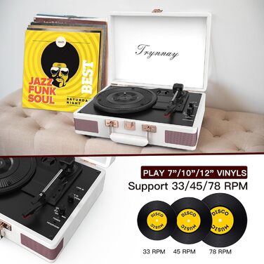 Вініловий програвач Trynnay 3-швидкісний з Bluetooth, портативний програвач у валізі з вбудованими динаміками, покращене аудіо, білий PU-шкіра
