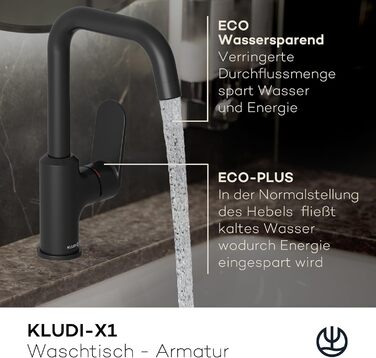 Змішувач для ванної кімнати KLUDI-X1 з висувним зливом, поворотний 360°, висота виливу 205 мм, водозберігаючий, розмір L, з підключенням, чорний матовий