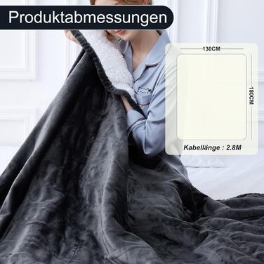 Електрична гріюча ковдра з таймером та захистом від перегріву 130x180 см, 8 режимів нагріву, пральна машина, фланцель-шерпа, сіра для дому та офісу