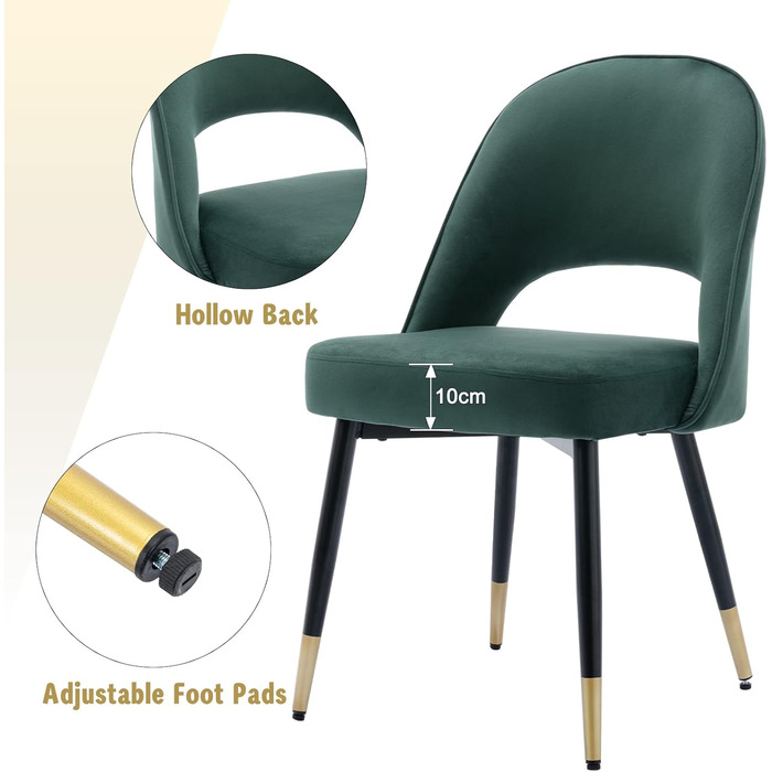 Набір з 2 м'яких крісел з велюру для вітальні та кухні. Сучасний дизайн, без підлокітників, металеві ніжки. 2 шт. (4 шт., зелений)