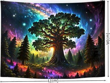 Гобелен Arsey Blacklight Forest Trippy UV реактивний, Дерево Зірки Галактика, 300x180см, Багатобарвистий, XXXL