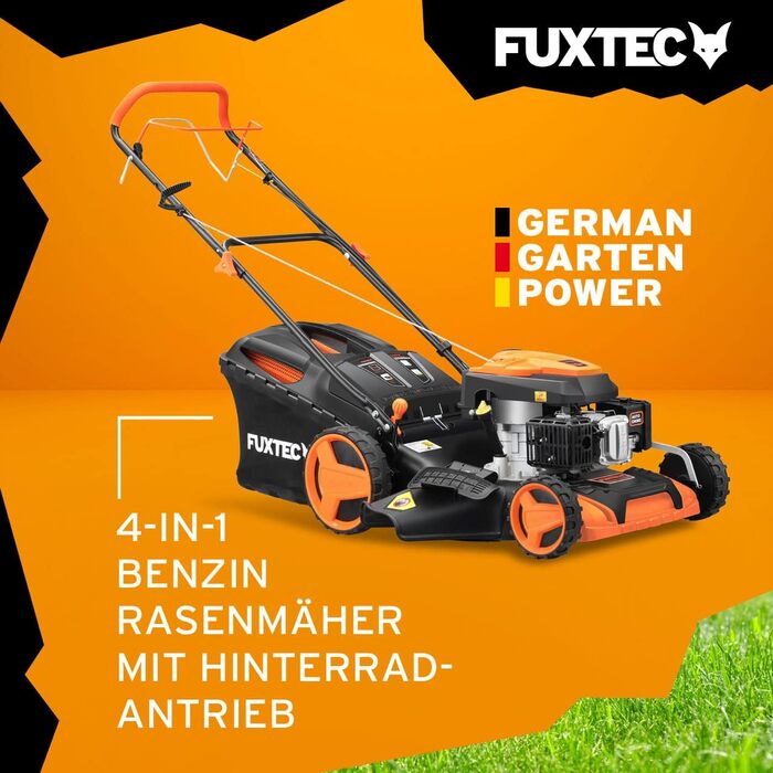 Бензокоса FUXTEC 4в1 FX-RM5196 з Edge-Cut: газонокосарка, 51 см, самохідна, 96 см3, великі колеса, 60л травосбірник