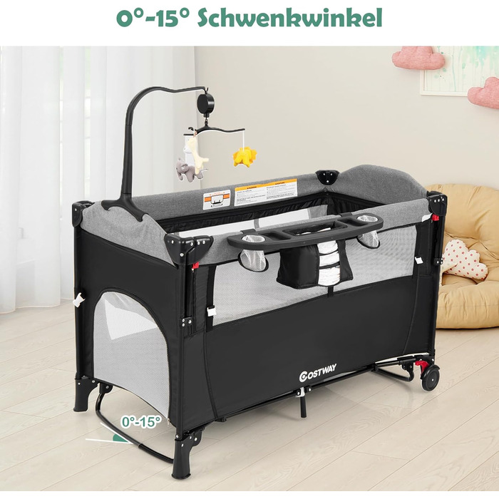 Дитяче ліжко-манеж COSTWAY 120x60 см, 2 рівні, з матрацом, пеленальним столиком, іграшками та музичною шкатулкою, мобільний, регульований, для дітей до 15 кг