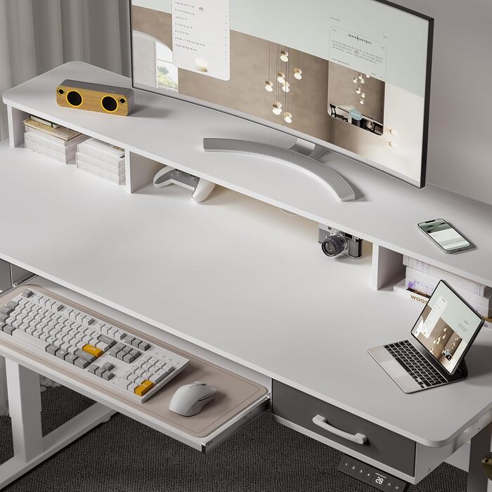Регульований за висотою стіл WALKINGDESK з електроприводом, 160x60 см. Стіл для дому та офісу з висувними ящиками та підставкою для клавіатури, білий