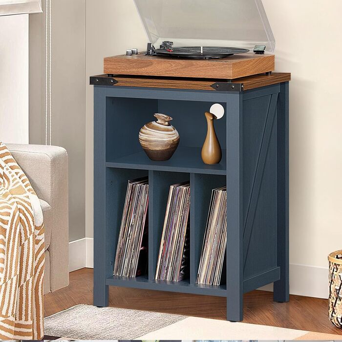 Підставка для програвача вінілу з місцем для платівок, шафка-регулятор для 160 альбомів, дерев'яна підставка для програвача, шафа-вітрина для вітальні, спальні, офісу (Блакитна)