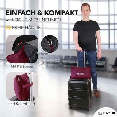 Комплект для подорожей Cozyor 4 в 1: подушка для шиї, маска для сну, надувна подушка та ковдра 2 в 1, беруші, з кріпленням для рюкзака та валізи, червоний, бордовий (Berry)