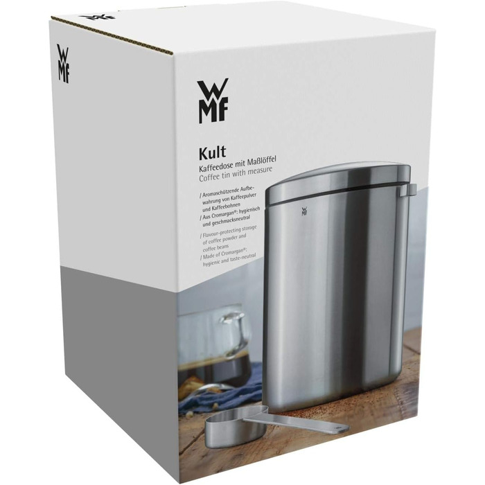 Каньора для кави WMF Kult з нержавіючої сталі на 500г, з мірною ложкою, для кавових зерен та меленої кави, Cromargan, придатна для миття в посудомийній машині