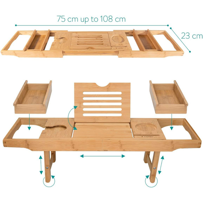 Підставка для ванни Navaris з бамбука, висувна з місцем для книг та склянок - піднос для ванни та ліжка, коричнева