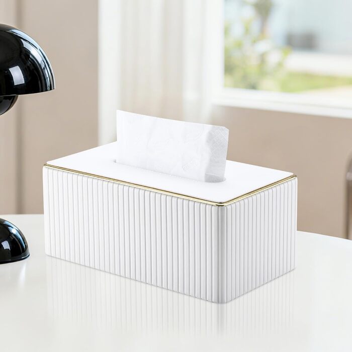 Скляниця для серветок KingFOM з золотим обідком, шкіра PU, для вітальні, ванної кімнати та офісу (біла, прямокутна)