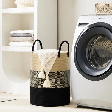 YOUDENOVA Плетіний кошик для білизни з ручкою, 58L - ручна робота з бавовни, чорно-коричневий