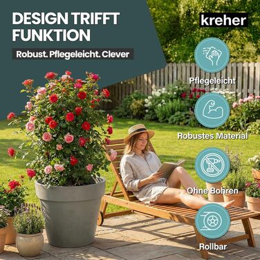 Крехер XXL круглий горщик для рослин / горщик для квітів, діаметром 79 см / 58 см, з роликами! Чудовий елемент декору для саду, тераси, ресторанів та комерційних приміщень! (XL-Ø58см) (XL (Ø58см) + XXL (Ø79см) комплект, Коричневий)