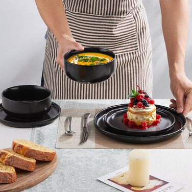 Набір посуду Joyfair на 6 осіб, 18 предметів, кераміка, чорний (Abyssal Schwarz). Тарілки обідні, десертні, миски для сніданку. Стійкий до подряпин, для мікрохвильовки та посудомийної машини