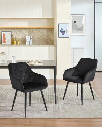 Набір обідніх стільців Woltu з підлокітниками та спинкою, для кухні, вітальні, їдальні, м'який оксамитовий чохол, металеві ніжки (Чорний, 8 шт.)