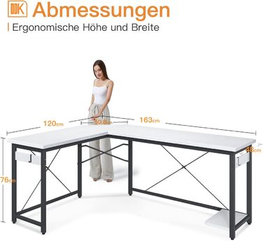 Ігровий стіл ODK, білий, надзвичайно велика корисна поверхня, L-подібна форма, підставка для процесора, 163120 см