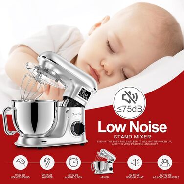 Кухонна машина 1500W 8L з 6 швидкостями, функцією ферментації та LCD-дисплеєм. Комплектується міксером, гаком для тіста та вінчиком (срібна)