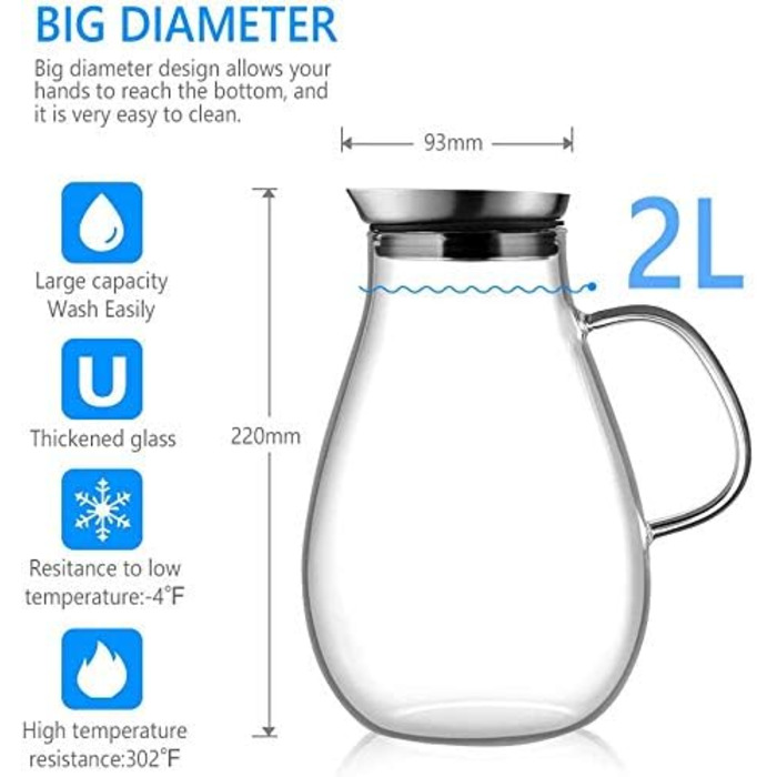 Скляна джезва для води з боросилікатного скла, 2 л, з нержавіючою кришкою