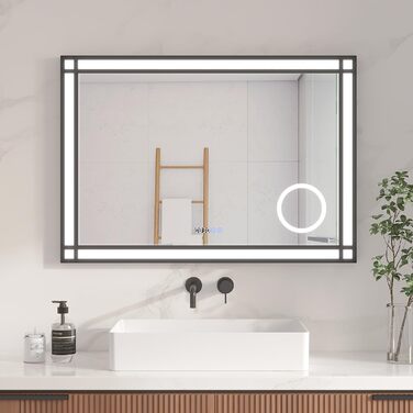 LED дзеркало для ванної кімнати AQUABATOS 50x70 см з підсвічуванням, ефект вікна, сенсорне керування, регулювання яскравості, антизапотівальне покриття, чорний алюмінієвий каркас, індустріальний стиль, годинник, дзеркало для макіяжу