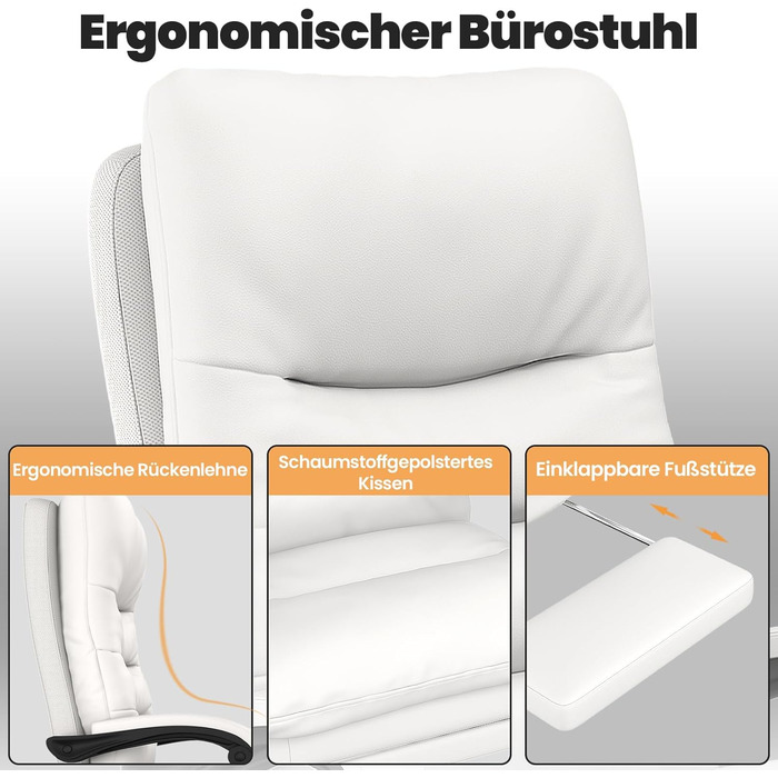 Ергономічне крісло для офісу Naspaluro з підніжкою, комп'ютерне крісло з двошаровою подушкою, високою спинкою, функцією відкидання, регулюванням висоти, з PU-шкіри, до 150 кг (Білий, Штучна шкіра)