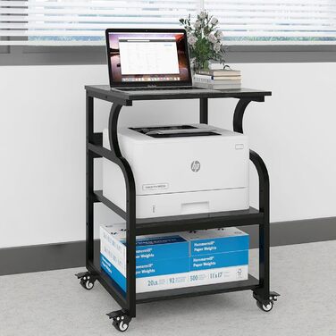 Регульований стіл для принтера PUNCIA з 3 полицями, з роликами, мобільний візок для принтера з дерева та металу, чорний (60 x 50 см)