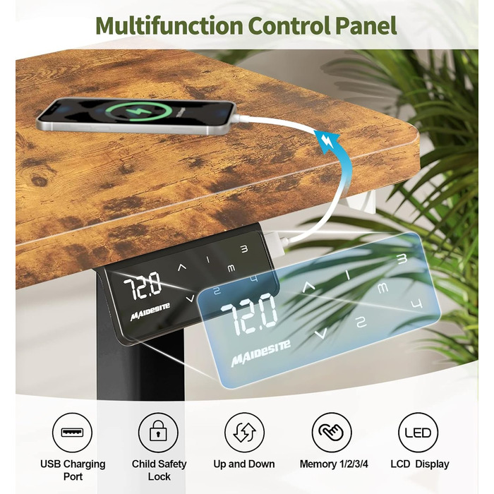 Регульований стіл MAIDeSITe S1 Pro: електричний підйом, LED-панель, 160x80 см, чорний каркас + vintage brown стільниця
