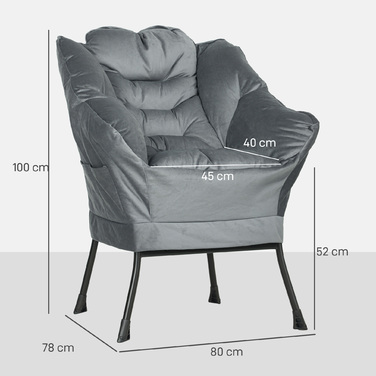 Сучасний акцентний крісло, м'яке крісло зі сталевими ніжками та бічними кишенями, для вітальні, спальні, сірого кольору