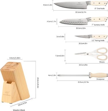 Набір кухонних ножів NANFANG BROTHERS Profimesser Damaskus 5 шт. з дерев'яним блоком. Ножі з дамаської сталі, кухонні та для приготування їжі.