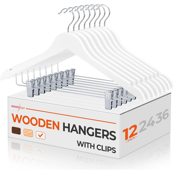Дерев'яні вішалки для одягу HOUSE DAY (12 шт.) з кліпсами: для костюмів, суконь, пальто, сорочок, штанів. Преміум якість.