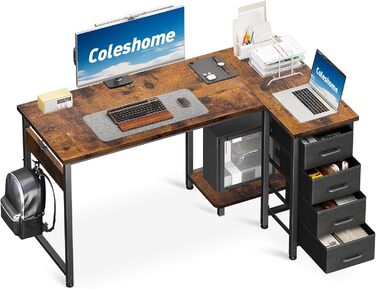 Комп'ютерний стіл кутовий Coleshome 120x70 см з 4 висувними ящиками, для офісу, кабінету, спальні, вінтажний коричневий