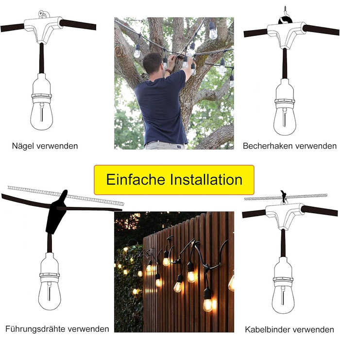 Ланцюжок прикрас для зовнішнього використання 30 м, ST45, LED, E27, тепле біле світло 2700K, IP65, вологостійкий, 30 x 1W, скляні лампочки S14 для вечірок та святкування