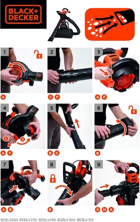 Black+Decker 3-в-1 електропристрій для прибирання листя BEBLV301 (3000 Вт) з подрібнювачем, решетом та мішком-рюкзаком 72л - висока швидкість видуву та регульована потужність всмоктування