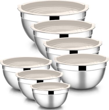 Набір мисок HaWare 7 шт. з нержавіючої сталі з кришками, 6.5/4.5/3/2.5/1.5/1.2/0.7L, для приготування, випікання, салатів, миття в посудомийній машині, Khaki/Нержавіюча сталь