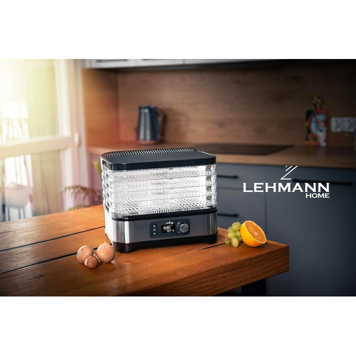 Електричний дегідратор Lehmann для сушіння продуктів з нержавіючої сталі, 450W, 5 рівнів, регулювання температури 35-70°C, для фруктів, грибів, м'яса, трав, без BPA