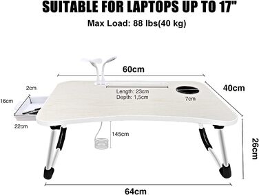 Стіл для ноутбука в ліжко/на диван, складаний, з USB-портами, ящиком та підставкою для планшета (60 x 40 см, білий)