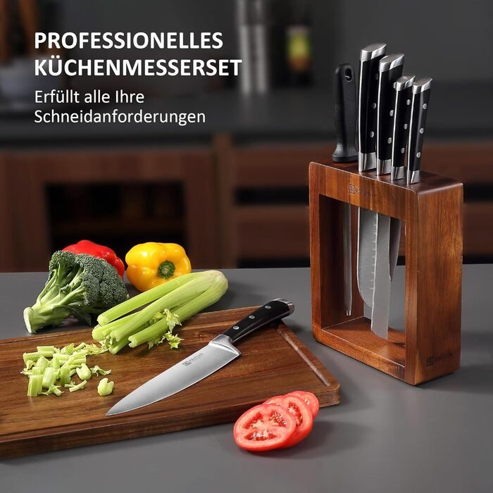 Набір ножів Paudin 7 предметів з дерев'яним блоком: кухонні ножі з нержавіючої сталі та ABS ручками