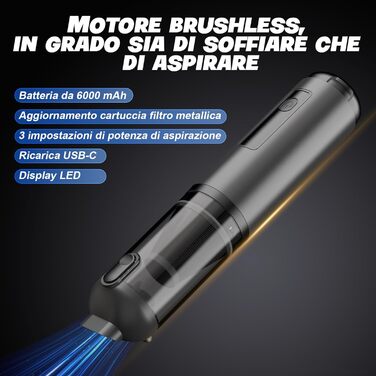 Акумуляторний ручний пилосос для авто та дому 4-в-1, безщітковий мотор 26000Па, 3 режими потужності, з підсвіткою (Сірий)