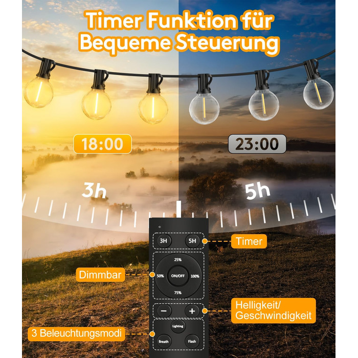 Ланцюжок прикрас LED для вулиці: 20M, 65ft, G40, для саду, балкону, павільйону, тераси, вечірки, з пульт дистанційного керування, IP44, вологостійкий, 20M