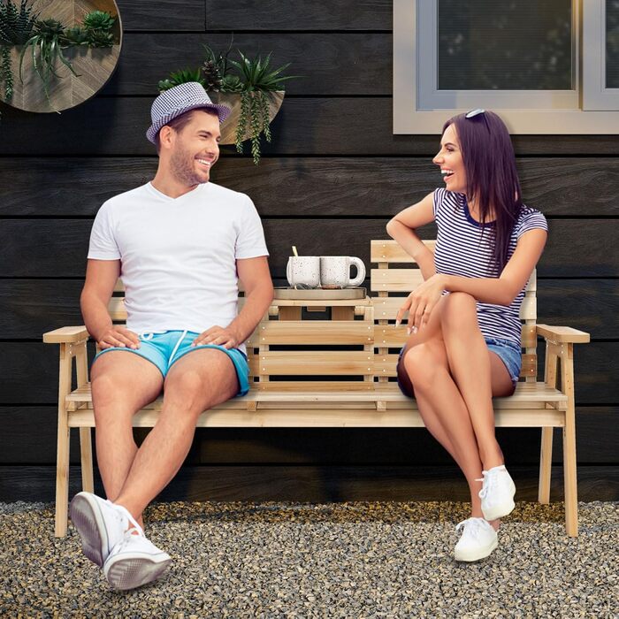 Лавка для саду COSTWAY з журнальним столиком, дерев'яна лавка на 2-3 особи, міцна лавка для тераси, балкону та саду, до 320 кг, 160 x 64 x 86 см, колір: натуральний